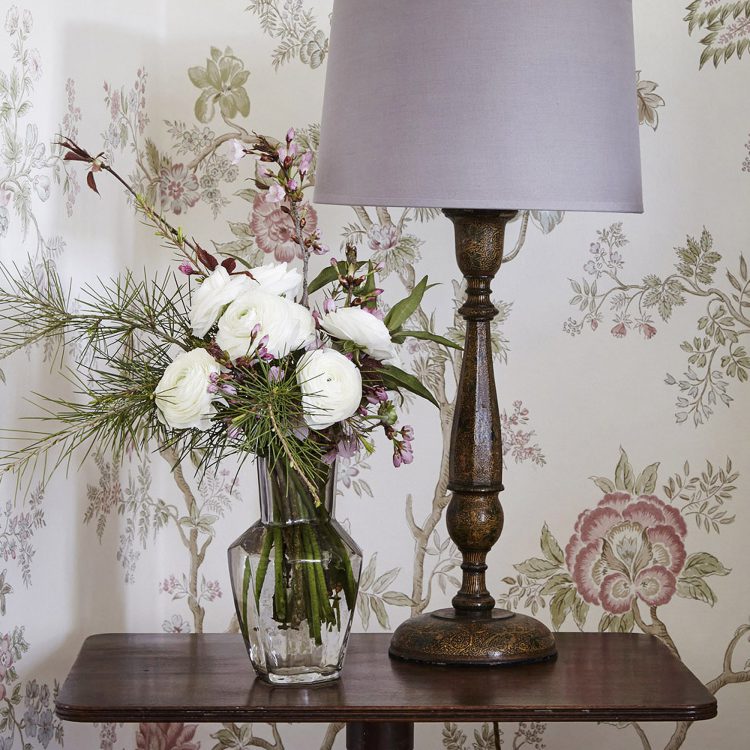 A lilac lamp at Goodnestone Park. Interior design & styling by Rowan Plowden Design.